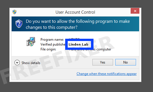 Screenshot where Linden Lab appears as the verified publisher in the UAC dialog